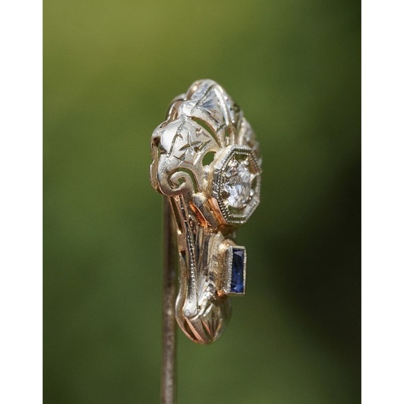 Antique 18k Solid White Gold Old Mine‎ Cut Diamond Sapphire Stickpin - Hat pin - Picture 3 of 11